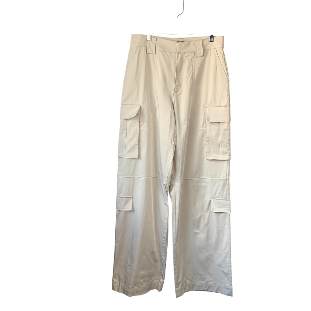Zara Sateen Cargo Pants Wide Leg‎ Utility Pockets Creme Trousers Size S